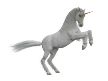 White Unicorn Rearing Up On Hind Legs. Fairytale Creature 3d Illustration Isolated On Transparent Background.
