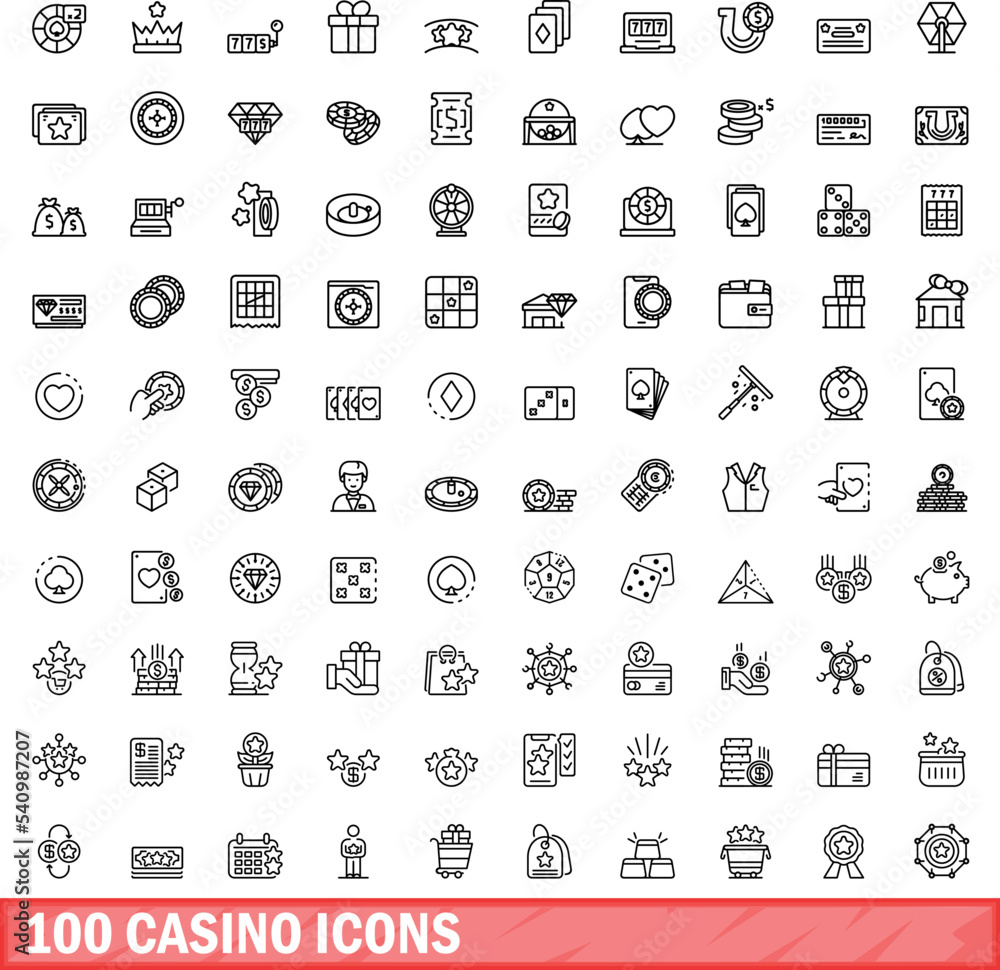 100 casino icons set. Outline illustration of 100 casino icons vector set isolated on white background