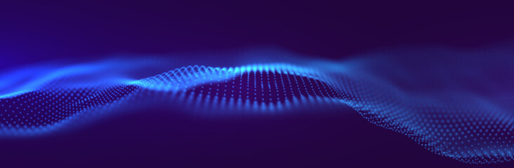 Wall Mural - dynamic blue particle wave. abstract sound visualization. flow digital structure. mesh landscape or 