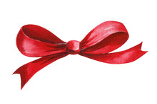Red Bow On Isolated White Background, Watercolor Illustration.