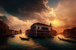AI generated image depicting the beautiful cityscape of Venice in Italy, with canals, boats, gondolas, houses, Grand Canal and Basilica Santa Maria della Salute