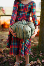 A Young Girl In A Plaid Dress Holds A Lumpy Green Pumpkin