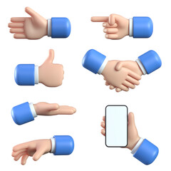 3d cartoon hands gesture set, business hand icons various gestures 3d rendering