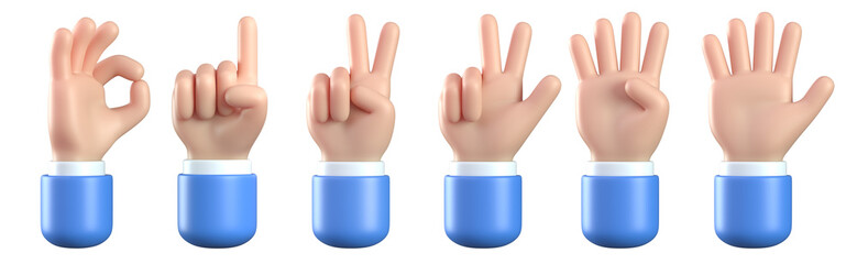 3d cartoon hands showing numbers from zero to five, countdown hand gestures 3d rendering