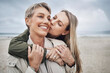 Kiss, mother and daughter at beach smile, hug and kiss with smile together in Australia. Happy face of young woman with a senior mom in the sea or ocean together with love and to relax in happiness