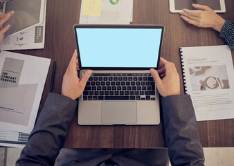 Poster - Blank, computer planning and businessman green screen with mockup of laptop monitor in a meeting. Working, team planning and work web research of a business man writing a email or IT coding mock up