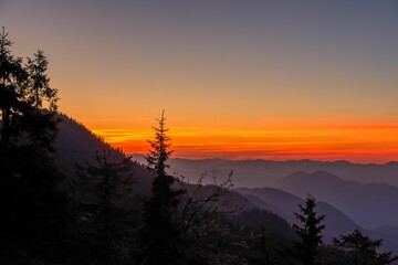 Canvas Print - Orange sunset over Rarau Mountains, Romania