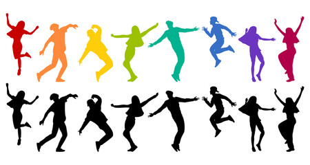 Detailed silhouettes of expressive dance people dancing on an isolated white background. Young men and women enjoying a dance party. Exciting music party. Adult friends jumping and dancing.