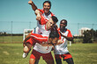 © Allistair F/peopleimages.com - Soccer player, soccer and soccer field, winner and team, diversity and celebrate goal, athlete happy and sports win. Sport, fitness and young men celebrating, outdoor game and team spirit, piggy back