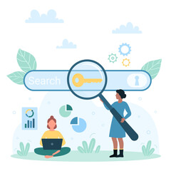 Wall Mural - SEO, Search Engine Optimization for website content vector illustration. Cartoon tiny people looking through magnifying glass at key in browser search bar, working with laptop on keywords analysis