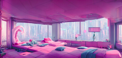 Canvas Print - Artistic concept painting of a beautiful bed room interior, background illustration