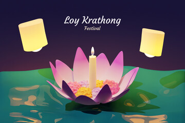 Wall Mural - Floating lanterns or lamps and water lily flower. Loy krathong and Yi Peng Lanna ceremony celebration background