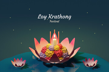 Wall Mural - Loy krathong festival background, floating lotus flower-shaped container containing an assortment of colorful flowers