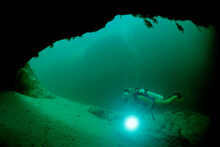 Cave Diving, Scuba Diver In Underwater Cave, Bahamas, Freshwater Blue Hole