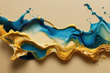 Wall Mural - Abstract beautiful splash of golden paint with blue tones over the beige backgorund