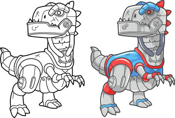 Sticker - cartoon robot dinosaur tyrannosaurus, coloring book, funny illustration