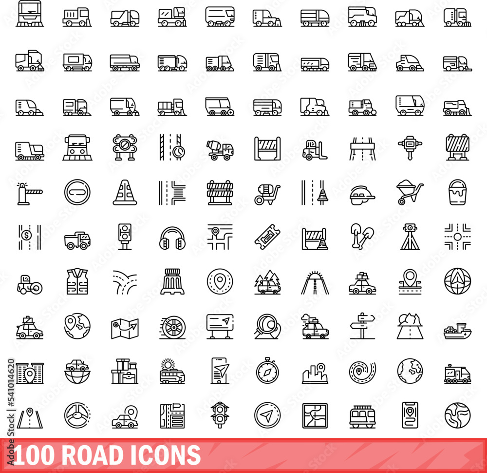 100 road icons set. Outline illustration of 100 road icons vector set ...