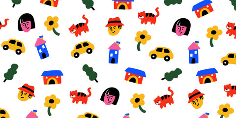 Poster - Human playground object in naive style for cute background illustration design. Wallpaper in pattern hand drawn style