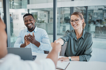 Aufkleber - Business people, handshake and interview in celebration for recruitment, hiring and employment at the office. Happy corporate executives congratulating new employee shaking hands for company growth
