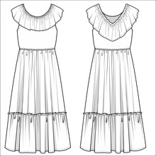 OFF SHOULDER MAXI CHIFFON DRESS FOR WOMEN AND TEEN GIRLS FRONT AND BACK FLAT SKETCH VECTOR
