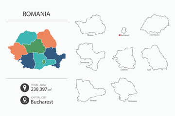  Map of Romania with detailed country map. Map elements of cities, total areas and capital.