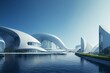 futuristic organic architecture surrounded by water, modern white buildings in front of blue sky, fictional architecture created with generative ai