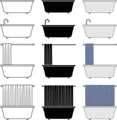 Sticker - Bathtub and Shower with Curtain Curtain Clipart - Outline, Silhouette & Color