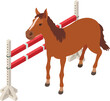 Horseback riding icon isometric vector. Racing horse near equestrian fence icon. Equestrian sport, hobby