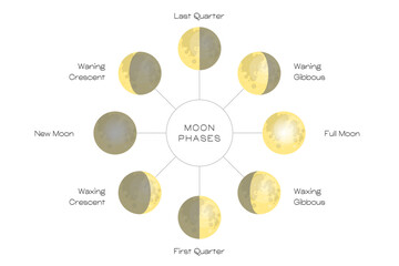 Wall Mural - Moon phases scheme sphere shadow cycle astronomy icon set. Vector Illustration background