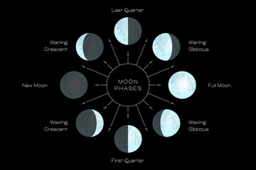 Wall Mural - moon phases scheme sphere shadow cycle astronomy icon set. vector illustration background