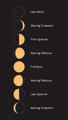Wall Mural - moon phases scheme sphere shadow cycle astronomy icon set. vector illustration background