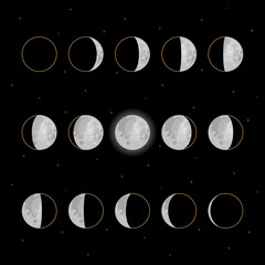 Wall Mural - moon phases scheme sphere shadow cycle astronomy icon set. vector illustration background