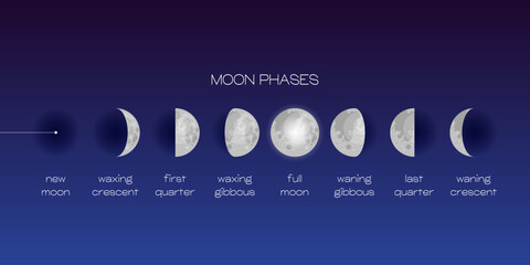 Wall Mural - moon phases scheme sphere shadow cycle astronomy icon set. vector illustration background