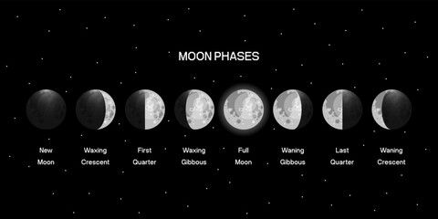 Wall Mural - moon phases scheme sphere shadow cycle astronomy icon set. vector illustration background