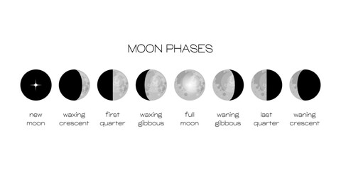 Wall Mural - moon phases scheme sphere shadow cycle astronomy icon set. vector illustration background