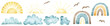 Watercolor set with vintage sun, clouds, rainbows and birds. Retro sky for creative designs