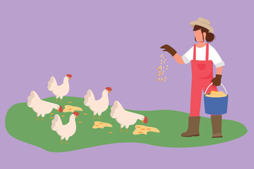 Sticker - Graphic flat design drawing woman farmer holding bucket of seeds and feeding chickens and hens. Countryside farming. Rural scene with agricultural worker and poultry. Cartoon style vector illustration