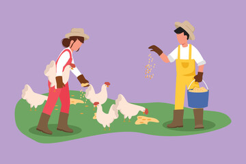 Wall Mural - Cartoon flat style drawing couple farmers holding bucket of seeds and feeding chickens and hens. Countryside farming. Rural scene with agricultural worker, poultry. Graphic design vector illustration