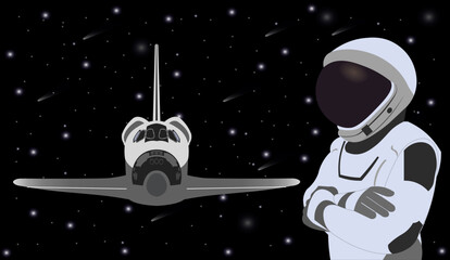 Wall Mural - space astronaut in new space suit in a front of space shuttle. vector illustration. elements of this