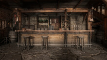 Medieval Tavern Bar With Wooden Stools On A Stone Floor, Lit By Daylight And Hanging Candles. 3D Rendering.