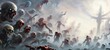 A Large Group Of Zombies In A Foggy Area, Beautiful Illustration Background Wallpaper. Epic Digital Art Style Illustration.