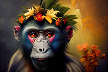 Close-up Portrait Of Mandrill Monkeys In Tropical Flowers And Leaves. Picturesque Portrait Wildlife Animal. Digital Illustration 