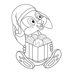 Wall Mural - Colorless cartoon Rabbit in santa hat holding a full box of christmas balls. Black and white template for coloring book with Hare as symbol of 2023 New Year. Greeting card with new year art for kids.