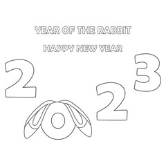 Wall Mural - Colorless cartoon Rabbit ears and numbers 2023. Black and white template page for coloring book with Bunny as symbol of 2023 New Year. Christmas background. Worksheet or Greeting card for kids.