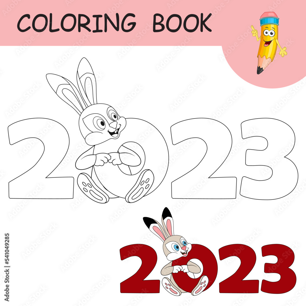 Colourless Rabit Coloring book with cartoon Rabbit sitting among numbers 2023. Colorless ...