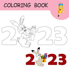 Wall Mural - Coloring book with cartoon Rabbit carries a lot of boxes among numbers 2023. Colorless and color example Hare on coloring page. Worksheet, Greeting card, Antistress coloring with new year art for kids