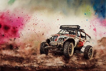 Retro style buggy racing, spattered, smudged, grunge style illustration. Generated by Ai, is not based on any specific real image or character