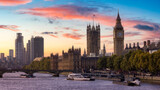 Fototapeta Big Ben - Historic Landmark, Big Ben, at Palace of Westminster. Cloudy Sunset Sky Art Render. London, United Kingdom. Travel Destination