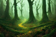 Fantasy forest background. Mysterious path deep in enchanted forest in misty autumn evening. Generative AI illustration