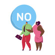 Young pair choosing NO. Hand pointing, confused male character picking button to push, colleagues helping flat vector illustration. Choice, dilemma concept for banner